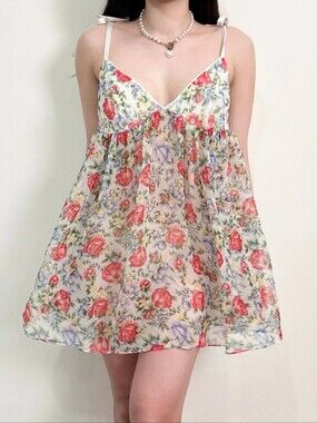 Vintage Victoria’s Secret Semi-Sheer Chiffon Floral Mini Slip Dress Babydoll M